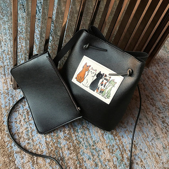 Малка дамска чанта през рамо с мини портмоне и апликация котенца 