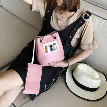 Малка дамска чанта през рамо с мини портмоне и апликация котенца 