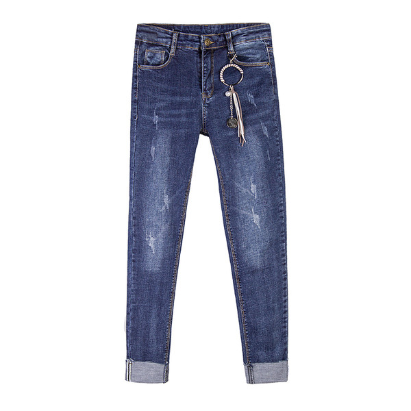 Αθλητικά κομψά γυναικεία τζιν με μεταλλικό δακτύλιο σε σκούρο χρώμα