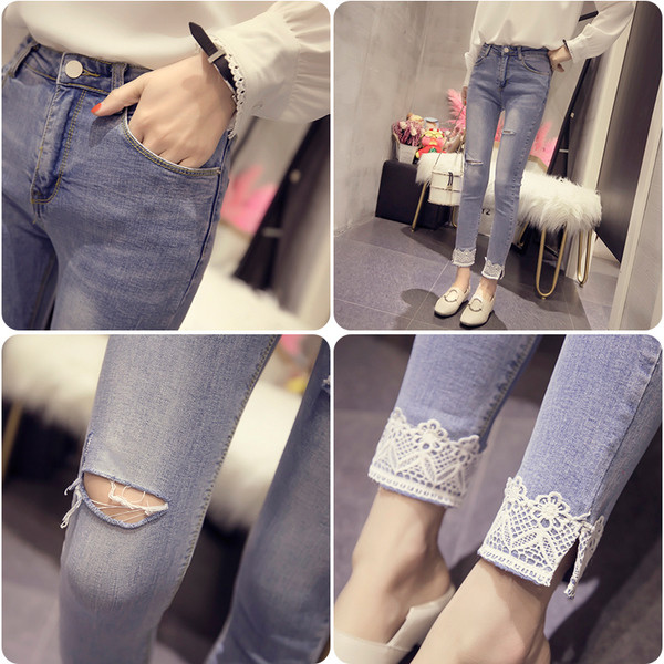 Μοντέρνα γυναικεία τζιν με δαντέλα σε ανοιχτό χρώμα