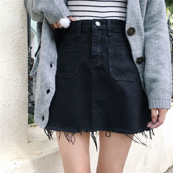 Дънкова дамска пола с висока талия и джобове в черен цвят