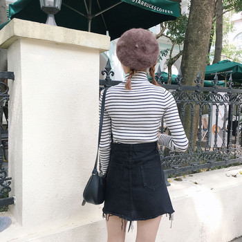 Дънкова дамска пола с висока талия и джобове в черен цвят