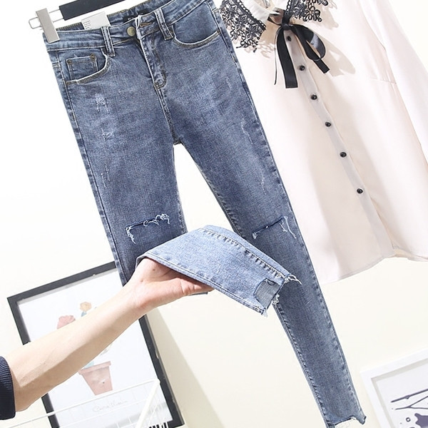 Γυναικεία  ελαστικά σχισμένα τζιν με υψηλή μέση και τσέπες σε δύο χρώματα