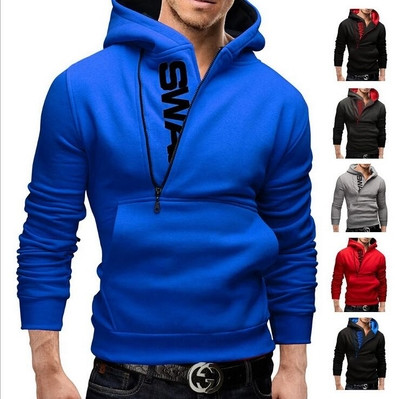 Sporty-casual men`s sweatshirt with hood, decorative zipper and pocket in different colors