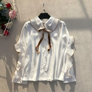 Стилна дамска риза с О-образна яка в свободен стил със панделка в три цвята