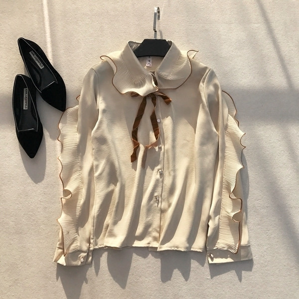 Κομψό γυναικείο πουκάμισο σε ελεύθερο στυλ O-κολάρο με κορδέλα σε τρία χρώματα