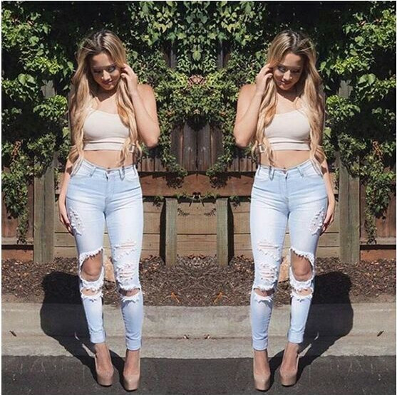 Szakadt női farmer magas derékkal, világos és sötét színekben