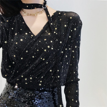 Дамска блуза с дълъг ръкав с блестящи мотиви звезди