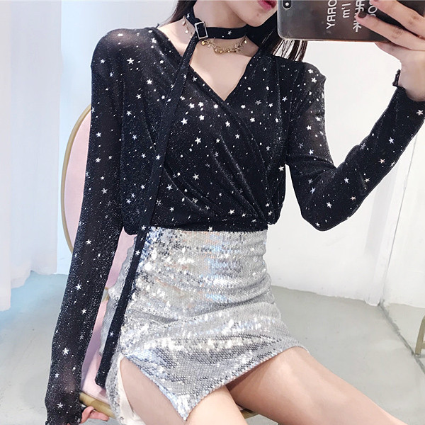 Γυναικεία μπλούζα με μακριά μανίκια με λαμπερά αστέρια