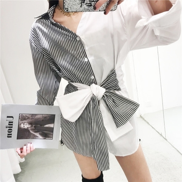 Γυναικείο φαρδύ πουκάμισο σε δύο σχέδια με κορδόνια