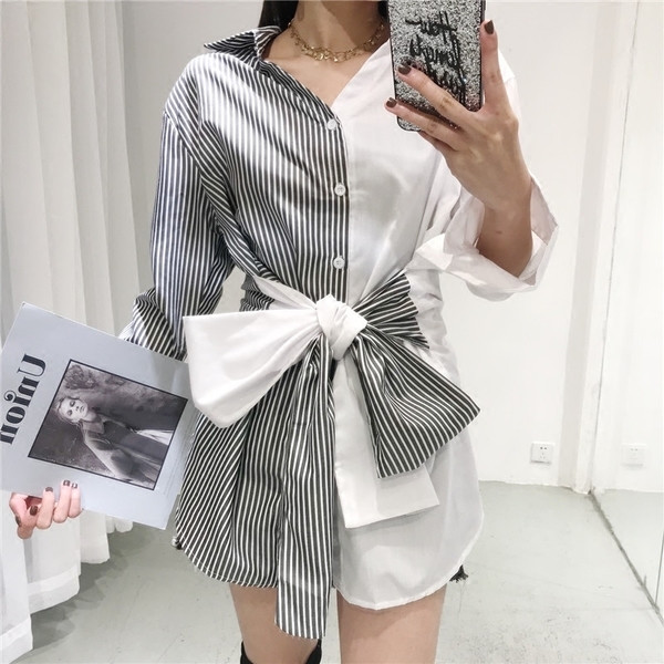 Γυναικείο φαρδύ πουκάμισο σε δύο σχέδια με κορδόνια