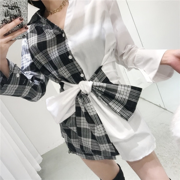 Γυναικείο φαρδύ πουκάμισο σε δύο σχέδια με κορδόνια