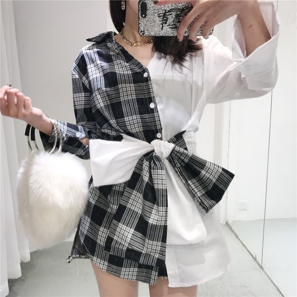 Γυναικείο φαρδύ πουκάμισο σε δύο σχέδια με κορδόνια