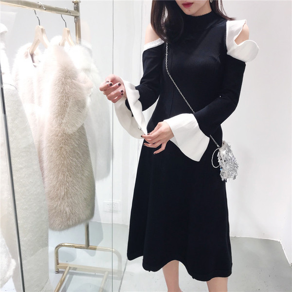 Γυναικεοα μακρύ φόρεμα με κολάρο σε σχήμα O, γυμνά ώμους και περικομμένο μανίκι