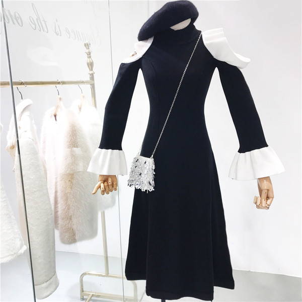 Γυναικεοα μακρύ φόρεμα με κολάρο σε σχήμα O, γυμνά ώμους και περικομμένο μανίκι