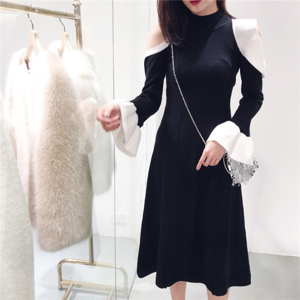 Γυναικεοα μακρύ φόρεμα με κολάρο σε σχήμα O, γυμνά ώμους και περικομμένο μανίκι