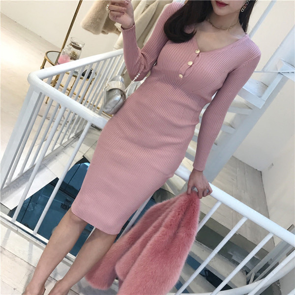 Γυναικείο ελαστικό φόρεμα με κολάρο σε σχήμα V με κουμπιά