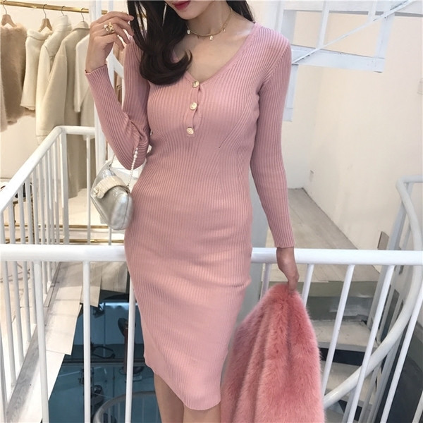 Γυναικείο ελαστικό φόρεμα με κολάρο σε σχήμα V με κουμπιά