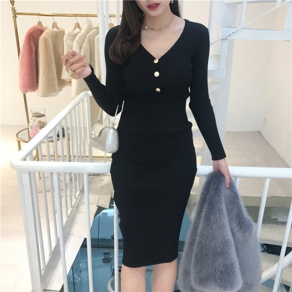 Γυναικείο ελαστικό φόρεμα με κολάρο σε σχήμα V με κουμπιά