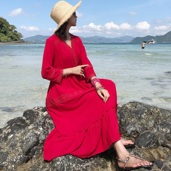 Γυναικείο μακρύ καλοκαιρινό φόρεμα με κεντήματα σε δύο χρώματα