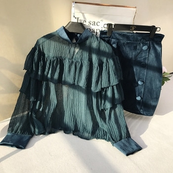 Ανοιξιάτικο σετ  κομψή μπλούζα και βελούδινη φούστα σε τρία χρώματα