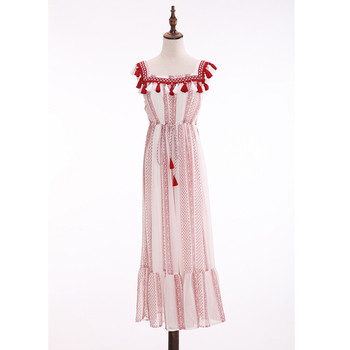 Γυναικείο καλοκαιρινό φόρεμα με φαρδιές λωρίδες και φούντες