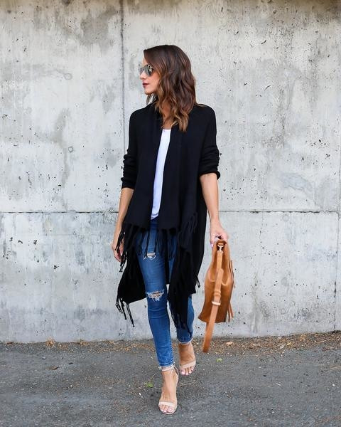 Άνοιξη-φθινόπωρο μακρύ γυναικεία ζακέτα με κρόσσια σε δύο χρώματα