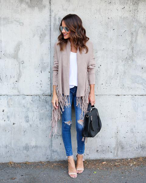 Άνοιξη-φθινόπωρο μακρύ γυναικεία ζακέτα με κρόσσια σε δύο χρώματα