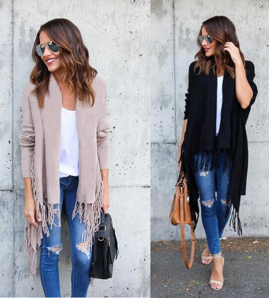 Άνοιξη-φθινόπωρο μακρύ γυναικεία ζακέτα με κρόσσια σε δύο χρώματα