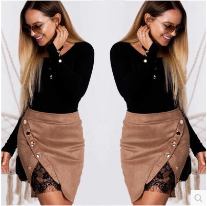 Fusta de dama eleganta cu talie inalta, dantela si nasturi decorativi in doua culori