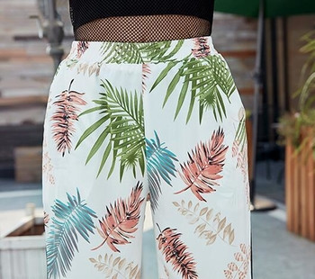 Дамски панталон с висока талия с джобове в два цвята с флорални мотиви