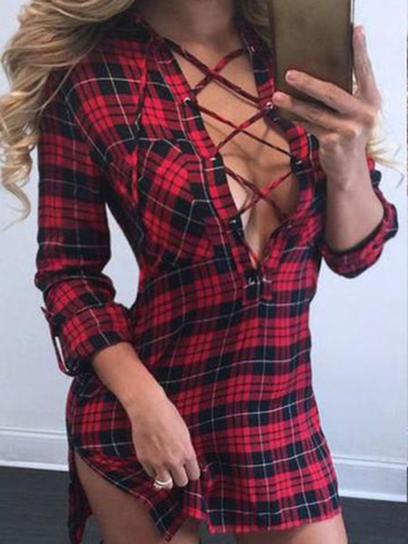 Cămașă de damă în carouri cu decolteu adânc și cravate încrucișate în trei culori