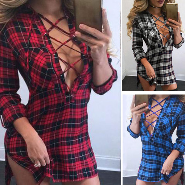 Cămașă de damă în carouri cu decolteu adânc și cravate încrucișate în trei culori