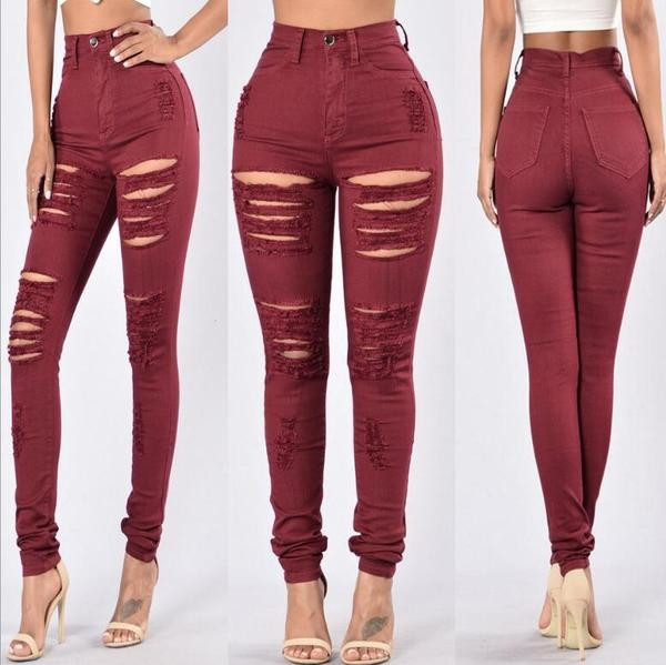 Pantaloni de dama cu talie inalta si motive rupte