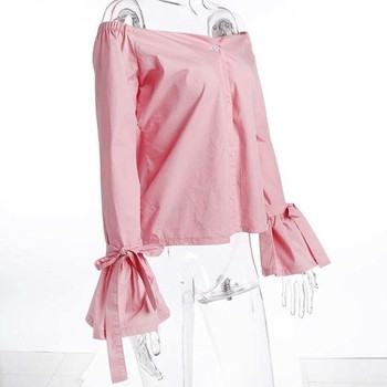 Γυναικείο πουκάμισο  με πτώση ώμων και φαρδιά μανίκια με κορδέλα σε ροζ χρώμα