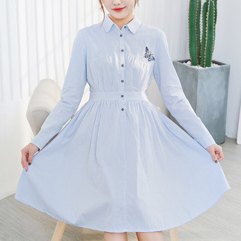 Пролетно-есенна рокля за бременни с бродерия в син цвят 