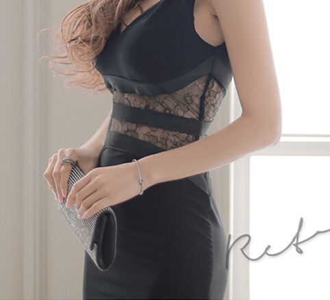 Rochie elegantă de damă, cu decolteu în V, cu dantelă și fante