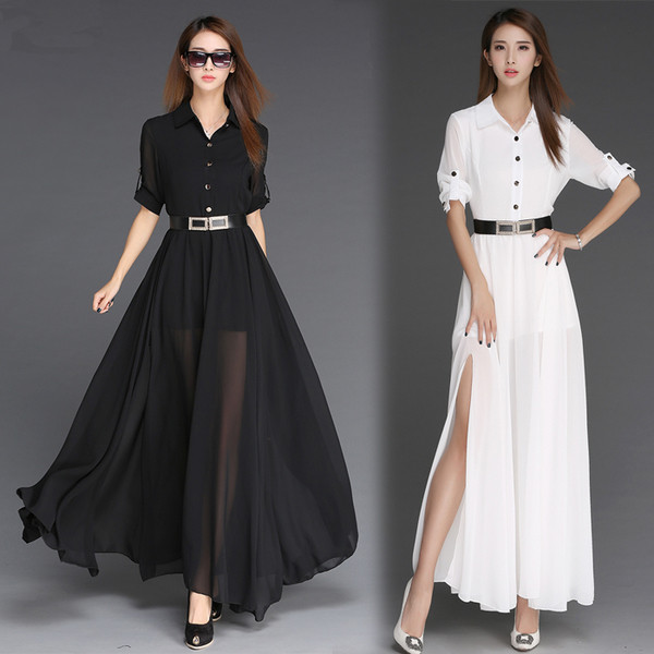 Κομψό γυναικείο φόρεμα με κουμπιά και ζώνη με ντεκολτέ σε σχήμα V με κολάρο σε δύο χρώματα