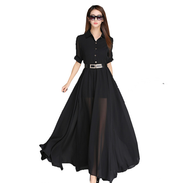 Κομψό γυναικείο φόρεμα με κουμπιά και ζώνη με ντεκολτέ σε σχήμα V με κολάρο σε δύο χρώματα