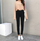 Blugi casual de dama cu talie inalta in negru
