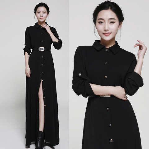  Γυναικείο μακρύ φόρεμα με κουμπιά και  μανίκι σε μαύρο χρώμα