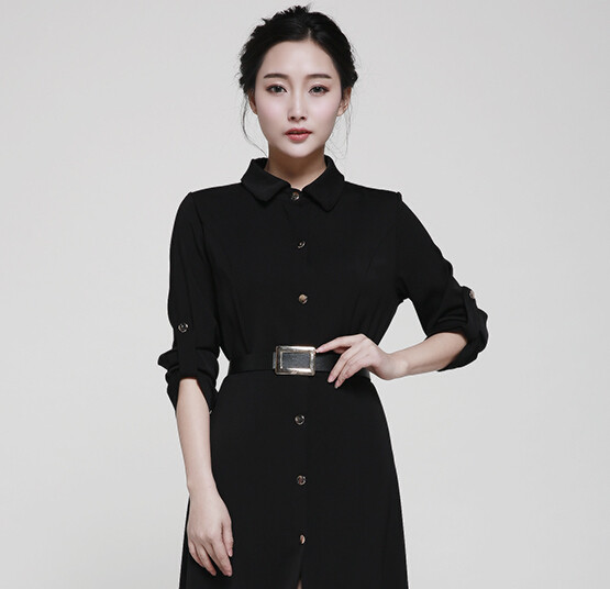  Γυναικείο μακρύ φόρεμα με κουμπιά και  μανίκι σε μαύρο χρώμα