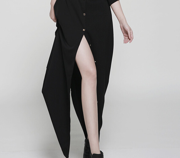  Γυναικείο μακρύ φόρεμα με κουμπιά και  μανίκι σε μαύρο χρώμα