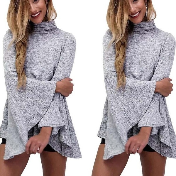 Κομψή γυναικεία μπλούζα με ψηλό κολάρο O-κολάρο και φαρδιά μανίκια σε ανοιχτό γκρι χρώμα