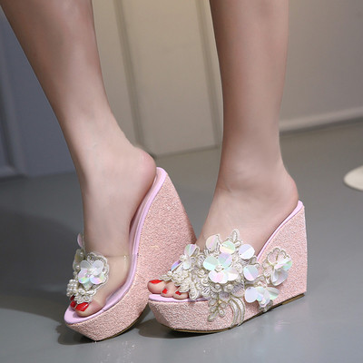 Modern women`s platform slippers with 3D decoration and pearls in several colors