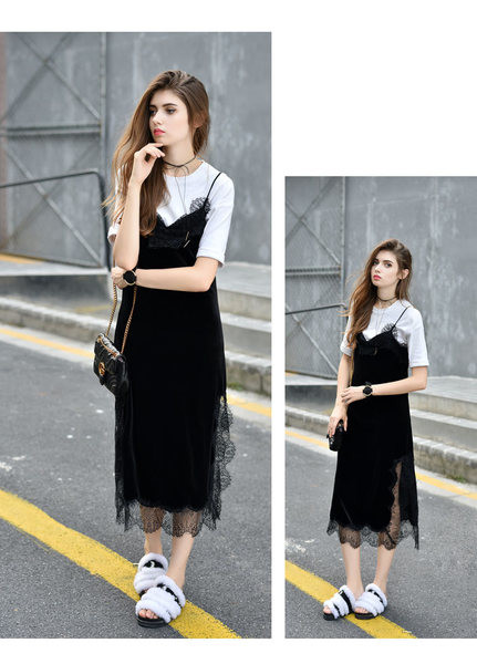 Εξαιρετικό γυναικείο φόρεμα βελούδου με λεπτούς ιμάντες σε μαύρο και πράσινο χρώμα