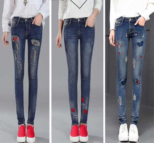 Γυναικεία τζιν με ψηλή μέση σε διάφορα χρώματα και κεντήματα