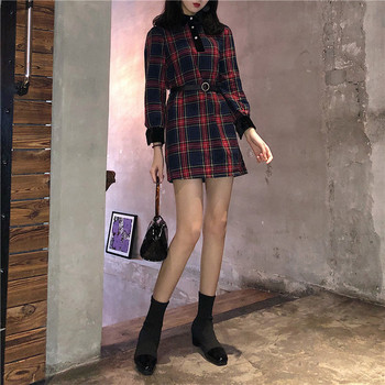 Rochie de dama moderna in carouri cu curea in doua culori