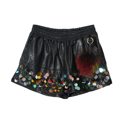 Pantaloni scurti eleganti de dama din piele ecologica cu paiete decorative si puf