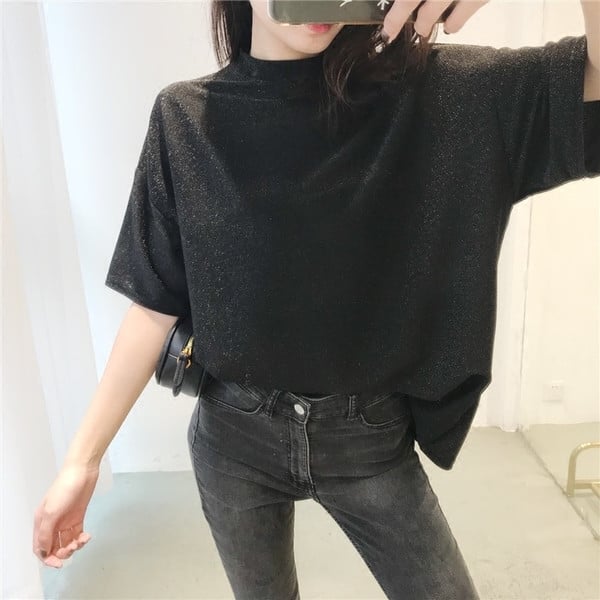 Μοντέρνο γυαλιστερό γυναικείο πουκάμισο με μανίκια 3/4 σε δύο χρώματα